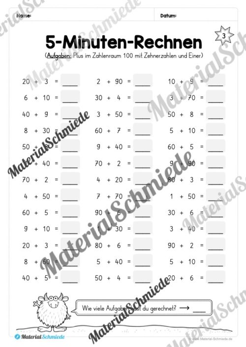5-Minuten-Rechnen: Addition & Subtraktion im Zahlenraum 100 - Glatte Zehner (Vorschau 03)