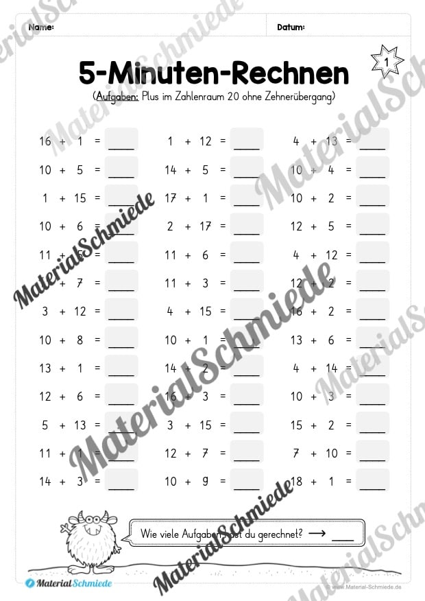 5-Minuten-Rechnen: Addition & Subtraktion im Zahlenraum 20 (Vorschau 02)