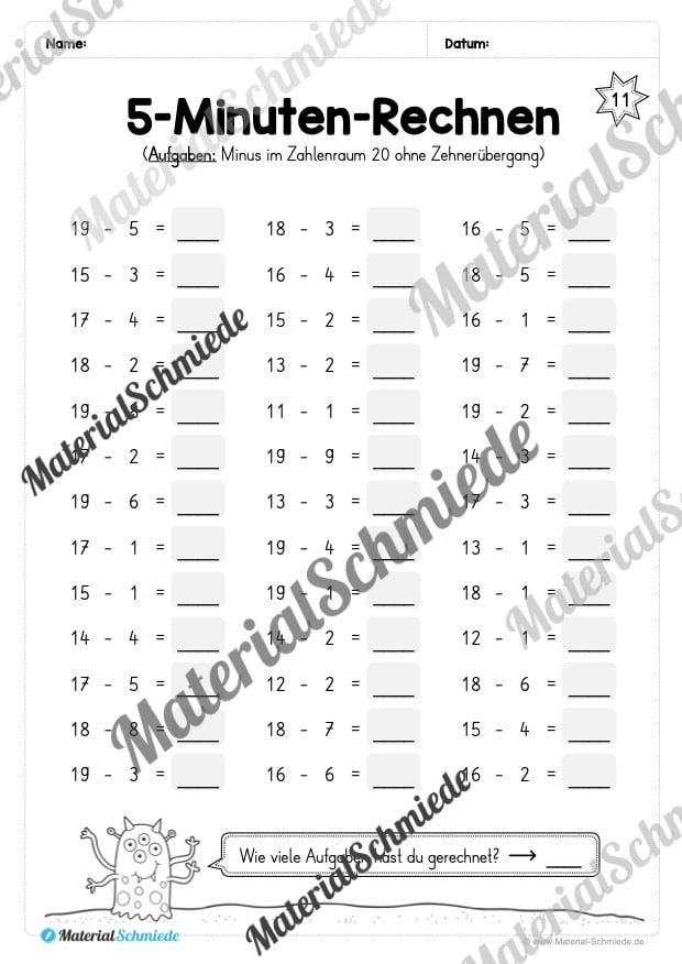 5-Minuten-Rechnen: Addition & Subtraktion im Zahlenraum 20 (Vorschau 04)