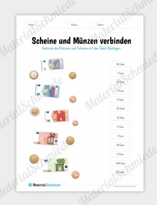 Materialpaket: Geld & Euro - Scheine und Münzen mit Beträgen verbinden