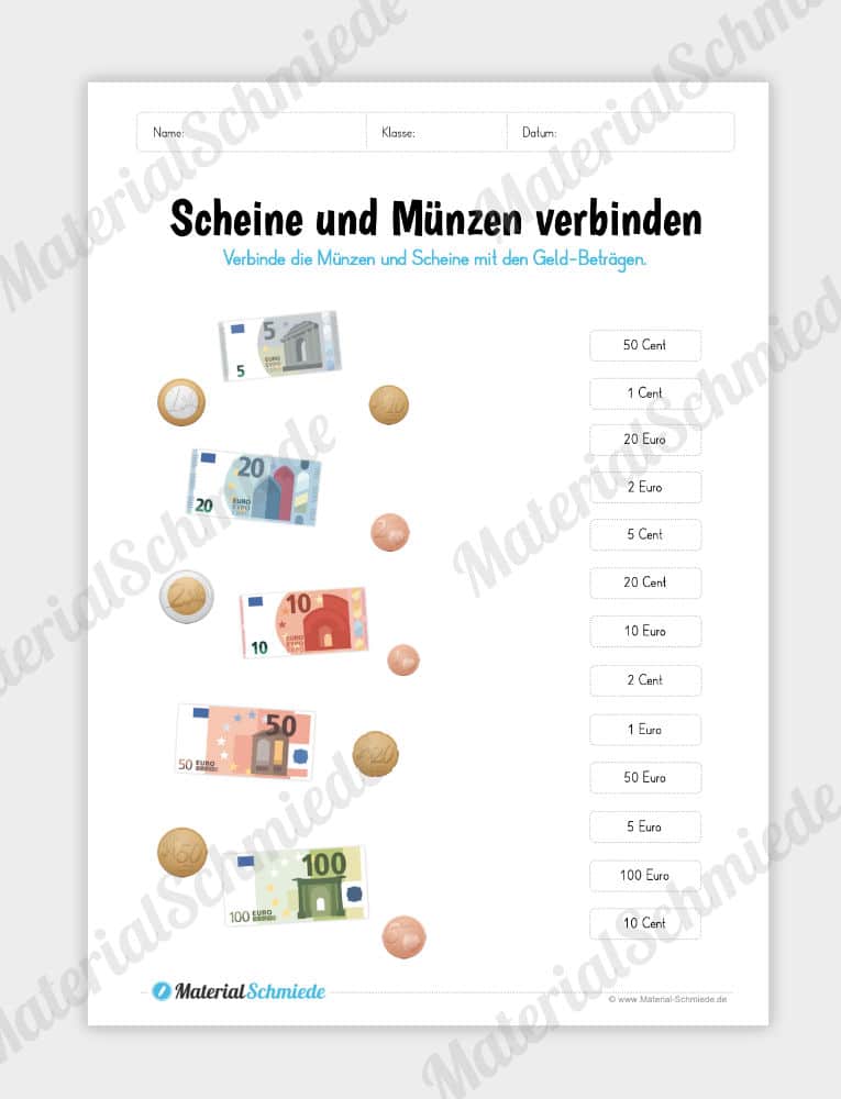 Materialpaket: Geld & Euro – Scheine und Münzen mit Beträgen verbinden