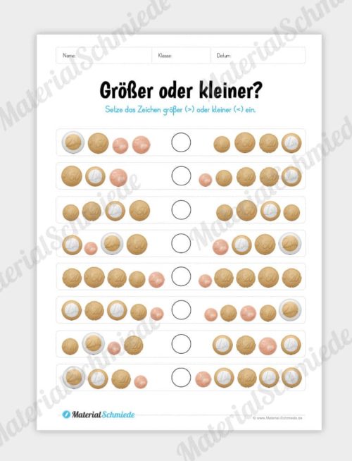 Materialpaket: Geld & Euro - Größer/Kleiner mit Münzen