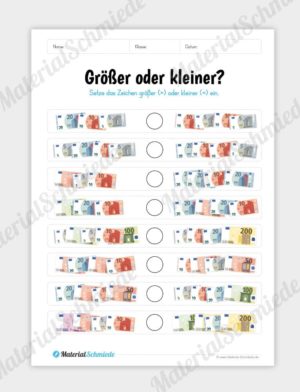 Materialpaket: Geld & Euro – Größer/Kleiner mit Geldscheinen