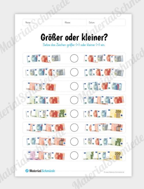 Materialpaket: Geld & Euro - Größer/Kleiner mit Geldscheinen
