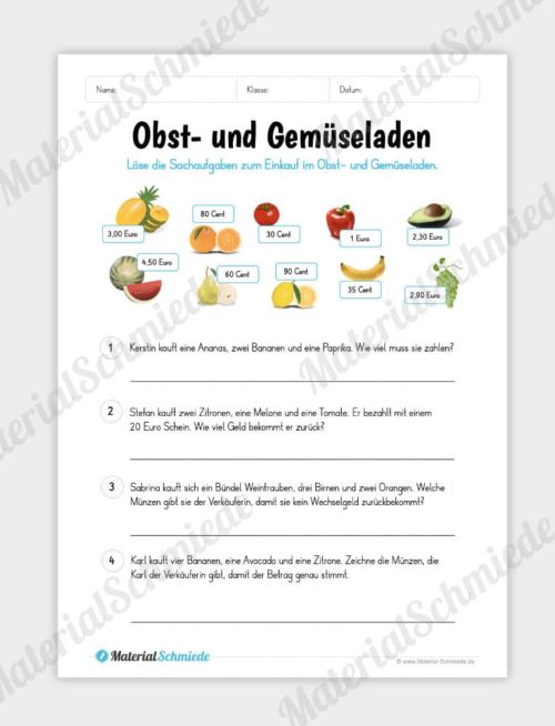 Materialpaket: Geld & Euro - Sachaufgaben