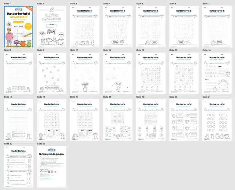 Arbeitsheft zur Hundertertafel – 2. & 3. Klasse (20 Arbeitsblätter) – Überblick Arbeitsheft zur Hundertertafel – 2. & 3. Klasse (20 Arbeitsblätter) – Überblick