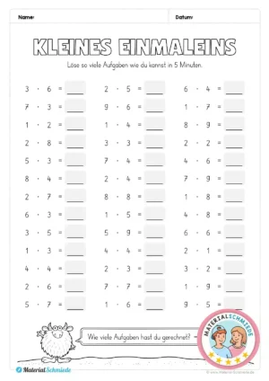 Kostenloses Arbeitsblatt: Kleines Einmaleins 5-Minuten-Rechnen (2. & 3. Klasse)