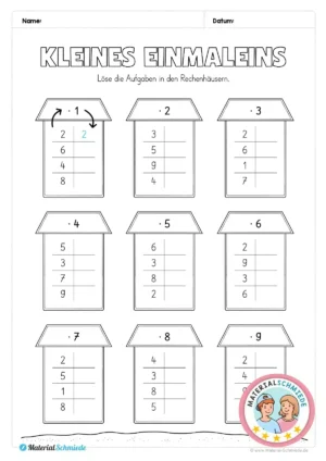 Kostenloses Arbeitsblatt: Kleines Einmaleins Rechenhäuser (2. & 3. Klasse)