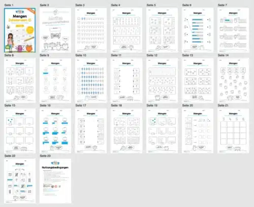 Übungsheft: Mengen / Mengenverhältnisse im Zahlenraum 10 (20 Arbeitsblätter) - Überblick