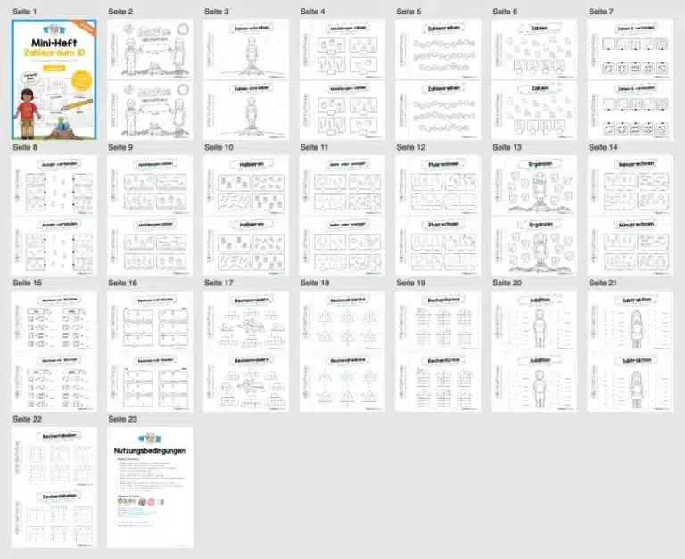 Mini-Heft: Zahlenraum 10 für die 1. Klasse (20 Arbeitsblätter) – Überblick