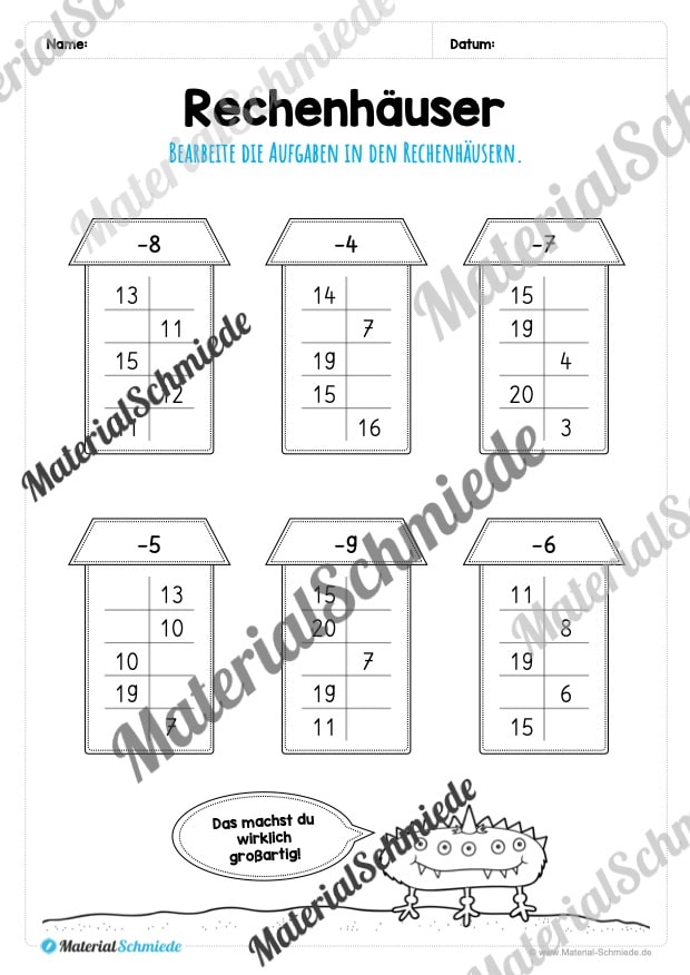 Rechenhäuser im Zahlenraum 20 (Vorschau 13)