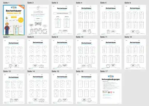 Rechenhäuser im Zahlenraum 20 (15 Arbeitsblätter) - Überblick