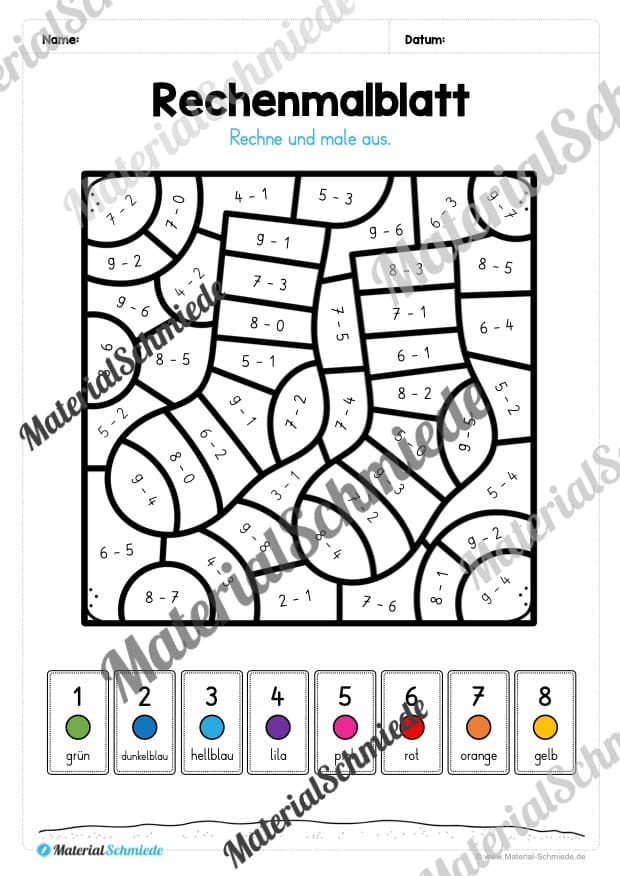 8 Rechenmalblätter Subtraktion im Zahlenraum bis 10 (Vorschau 04)