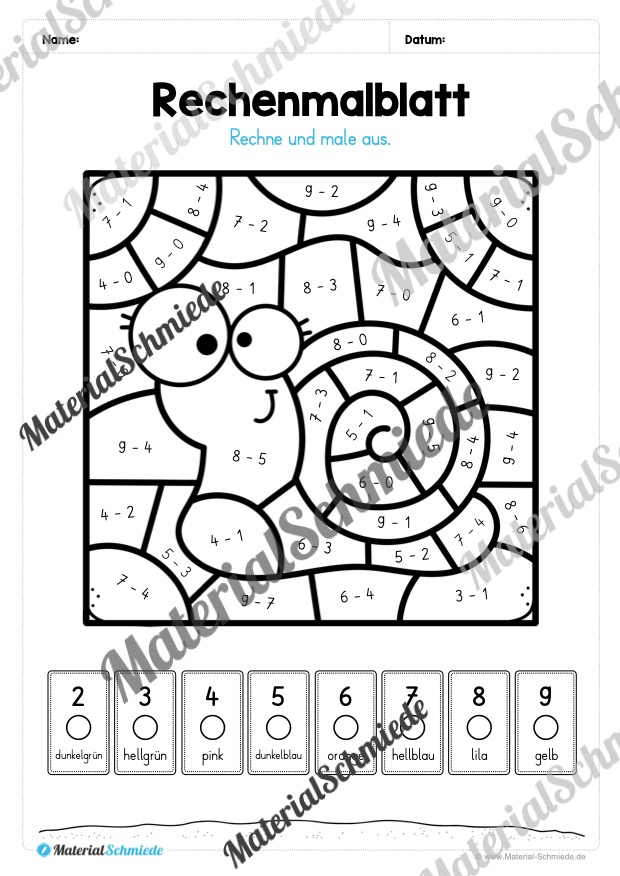 8 Rechenmalblätter Subtraktion im Zahlenraum bis 10 (Vorschau 06)