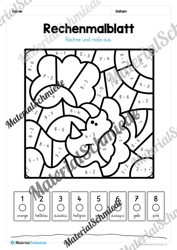 8 Rechenmalblätter Subtraktion im Zahlenraum bis 10 (Vorschau 07)