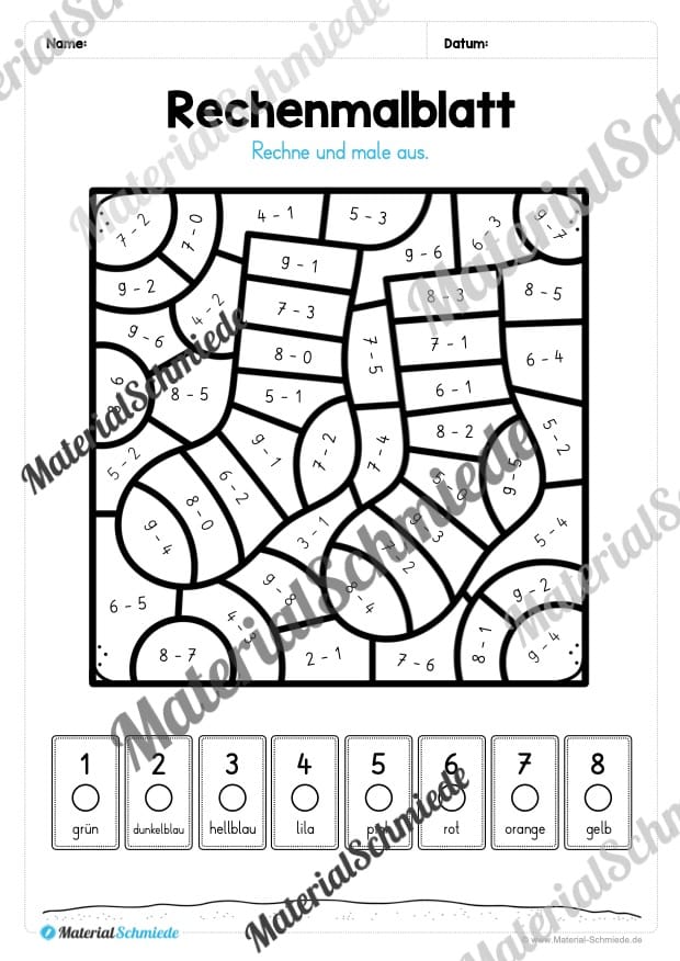 8 Rechenmalblätter Subtraktion im Zahlenraum bis 10 (Vorschau 08)