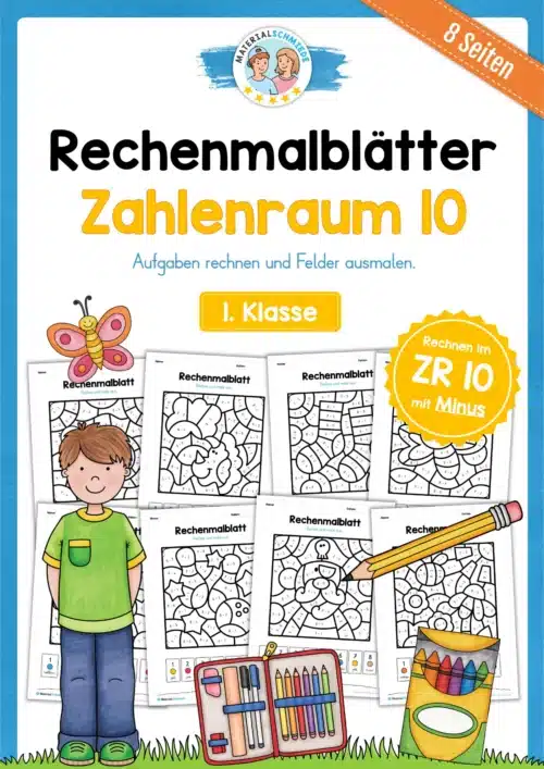 8 Rechenmalblätter im Zahlenraum 10 (Subtraktion)