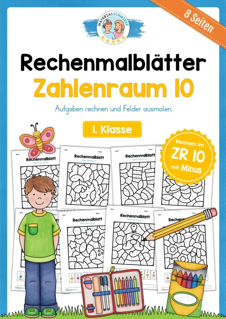 8 Rechenmalblätter im Zahlenraum 10 (Subtraktion)