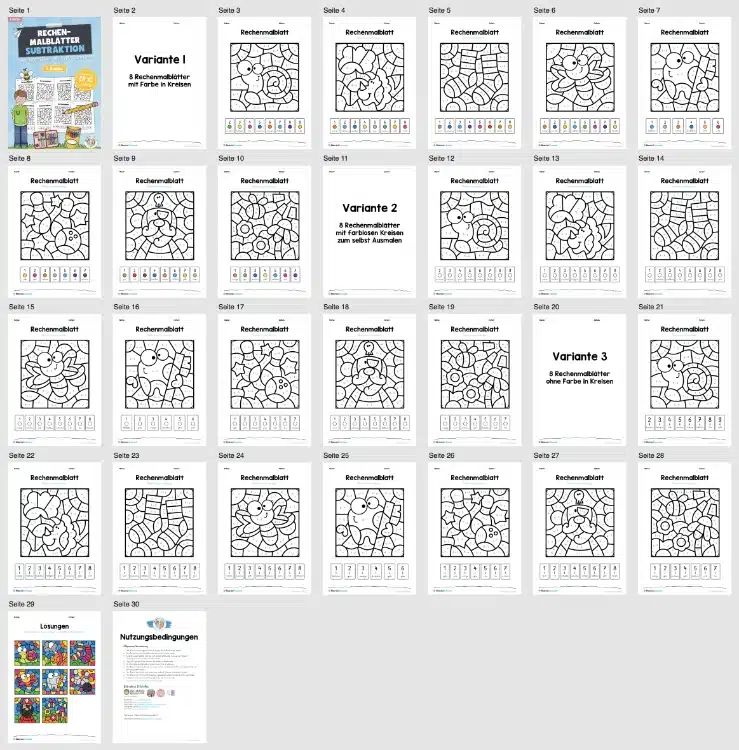 8 Rechenmalblätter im Zahlenraum 10 (Subtraktion) – Überblick 8 Rechenmalblätter im Zahlenraum 10 (Subtraktion) – Überblick