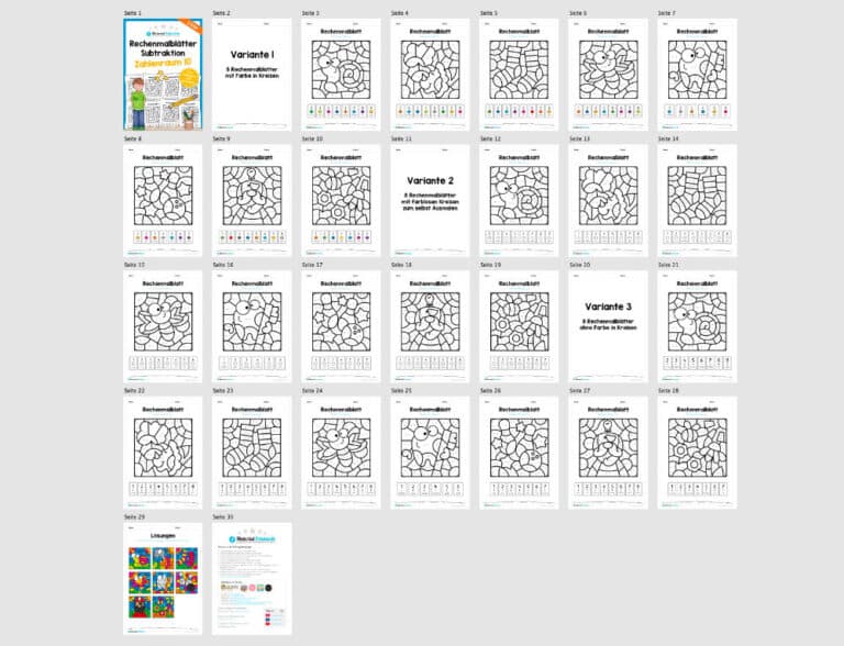 8 Rechenmalblätter Subtraktion im Zahlenraum bis 10 (Überblick)