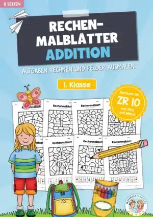 8 Rechenmalblätter im Zahlenraum 10 (Addition)