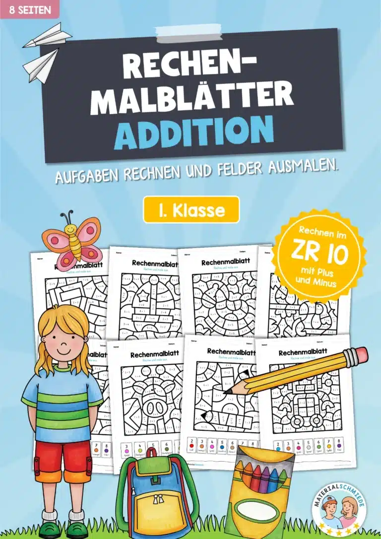 8 Rechenmalblätter im Zahlenraum 10 (Addition)