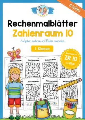 8 Rechenmalblätter im Zahlenraum 10 (Addition)