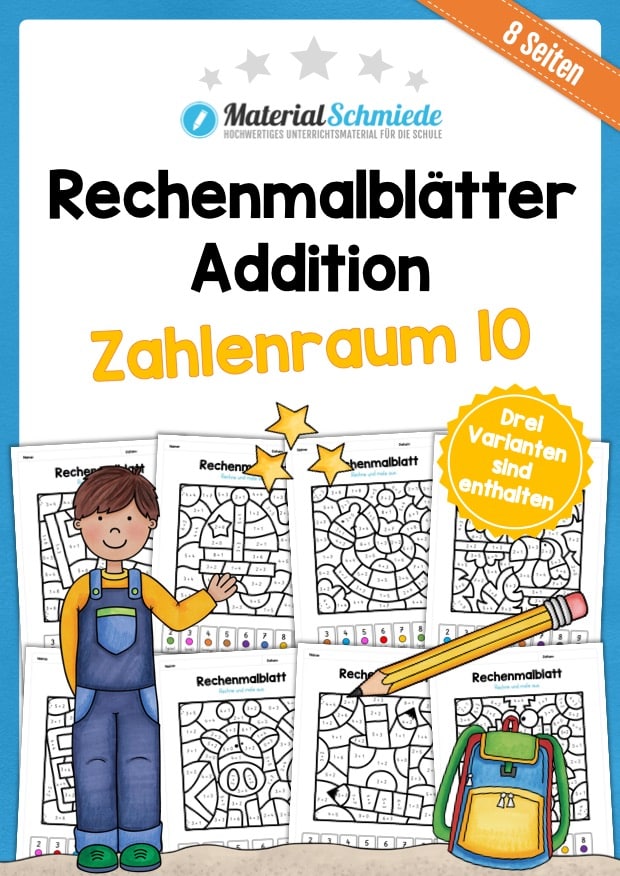 8 Rechenmalblätter Addition im Zahlenraum bis 10