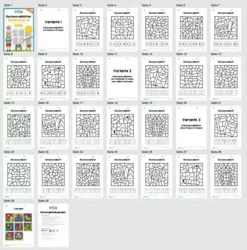 8 Rechenmalblätter im Zahlenraum 10 (Addition) - Überblick