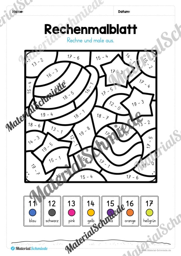 8 Rechenmalblätter Subtraktion im Zahlenraum bis 20 (Vorschau 03)