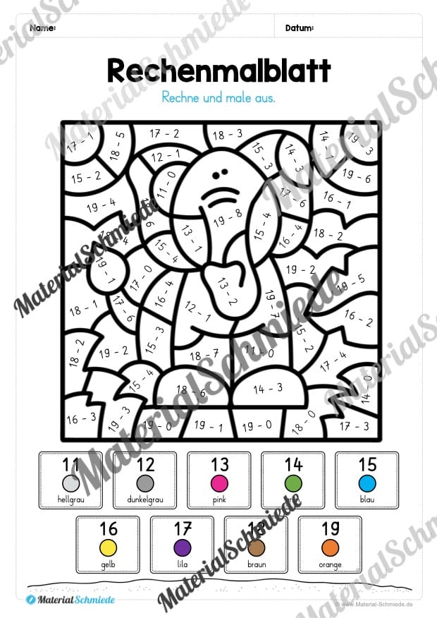 8 Rechenmalblätter Subtraktion im Zahlenraum bis 20 (Vorschau 04)