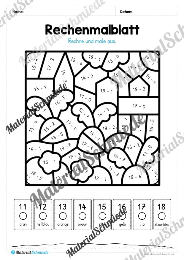 8 Rechenmalblätter Subtraktion im Zahlenraum bis 20 (Vorschau 06)