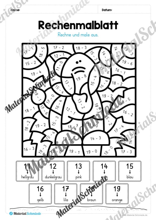 8 Rechenmalblätter Subtraktion im Zahlenraum bis 20 (Vorschau 12)