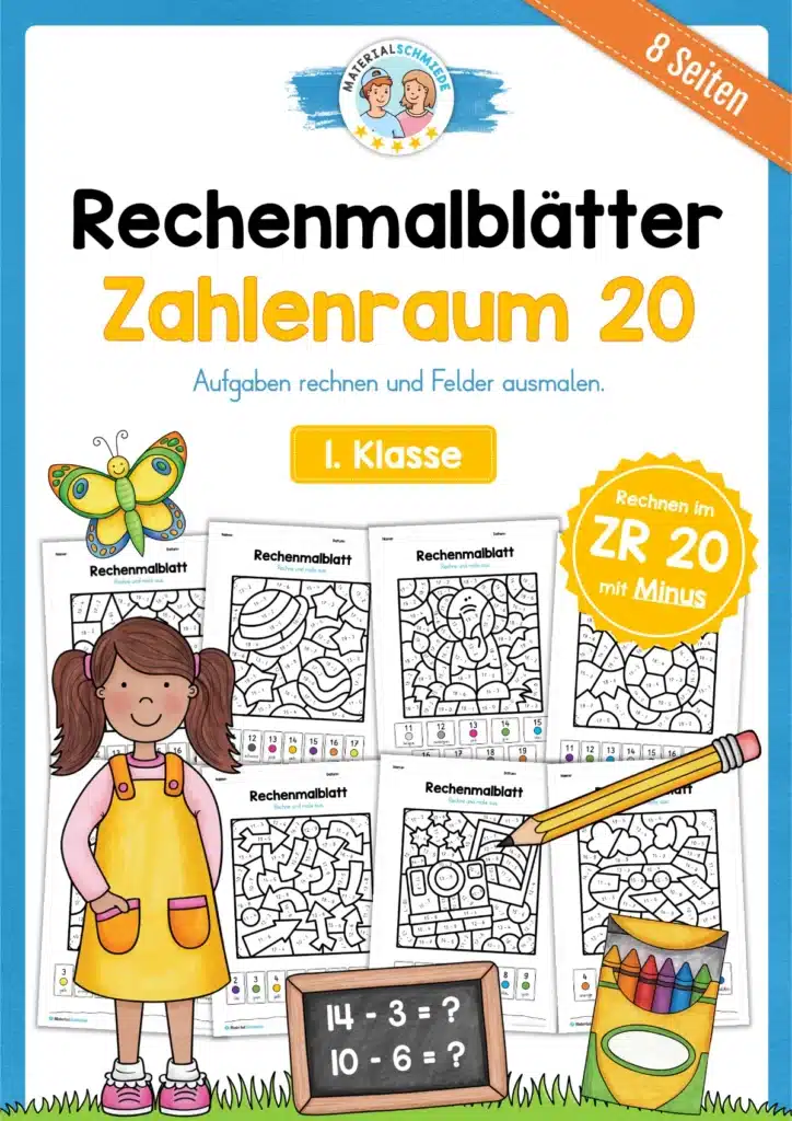 8 Rechenmalblätter im Zahlenraum 20 (Subtraktion)