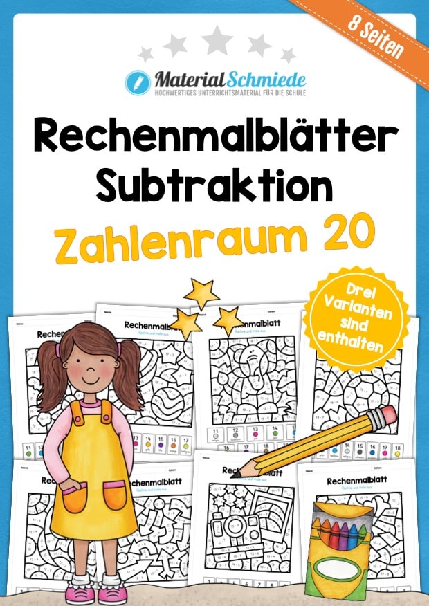 8 Rechenmalblätter Subtraktion im Zahlenraum bis 20