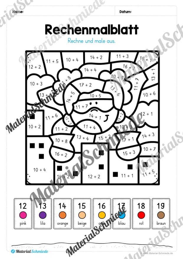 8 Rechenmalblätter Addition im Zahlenraum bis 20 (Vorschau 02)
