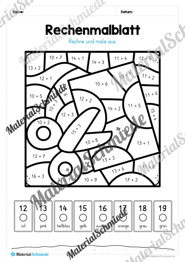 8 Rechenmalblätter Addition im Zahlenraum bis 20 (Vorschau 08)