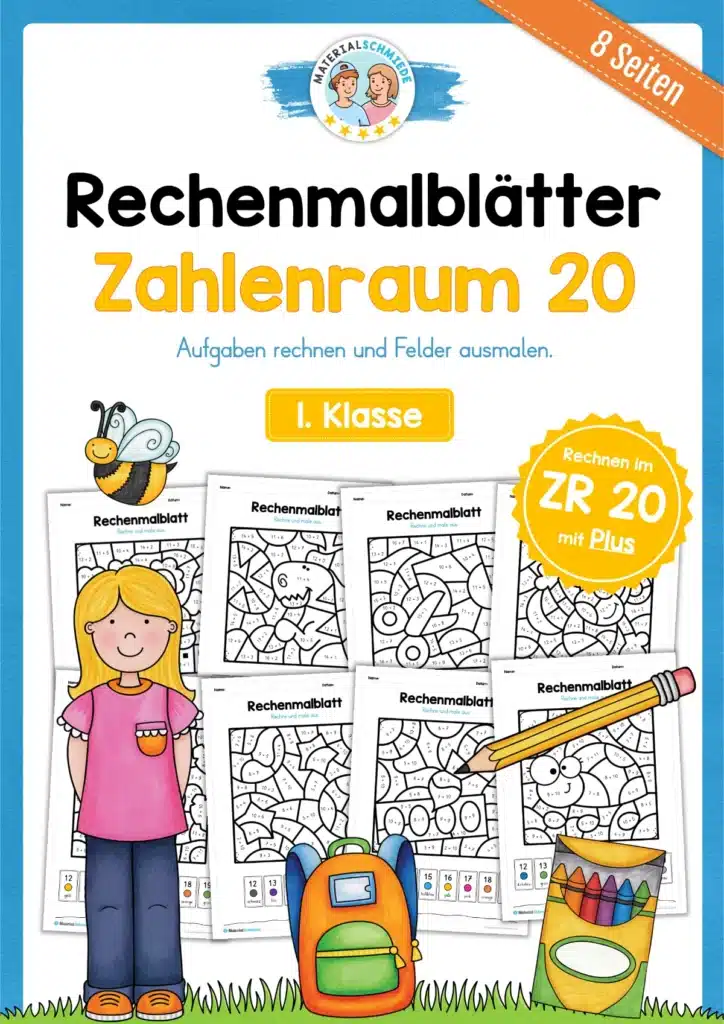 8 Rechenmalblätter im Zahlenraum 20 (Addition)