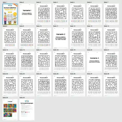 8 Rechenmalblätter im Zahlenraum 20 (Addition) - Überblick