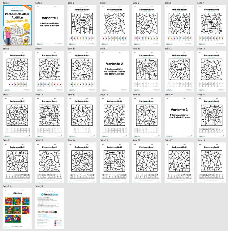 8 Rechenmalblätter Addition im Zahlenraum bis 20 (Überblick)