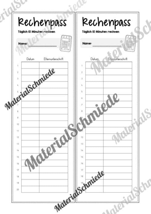 Rechenpass & Rechenurkunde (Arbeitsblatt 12)