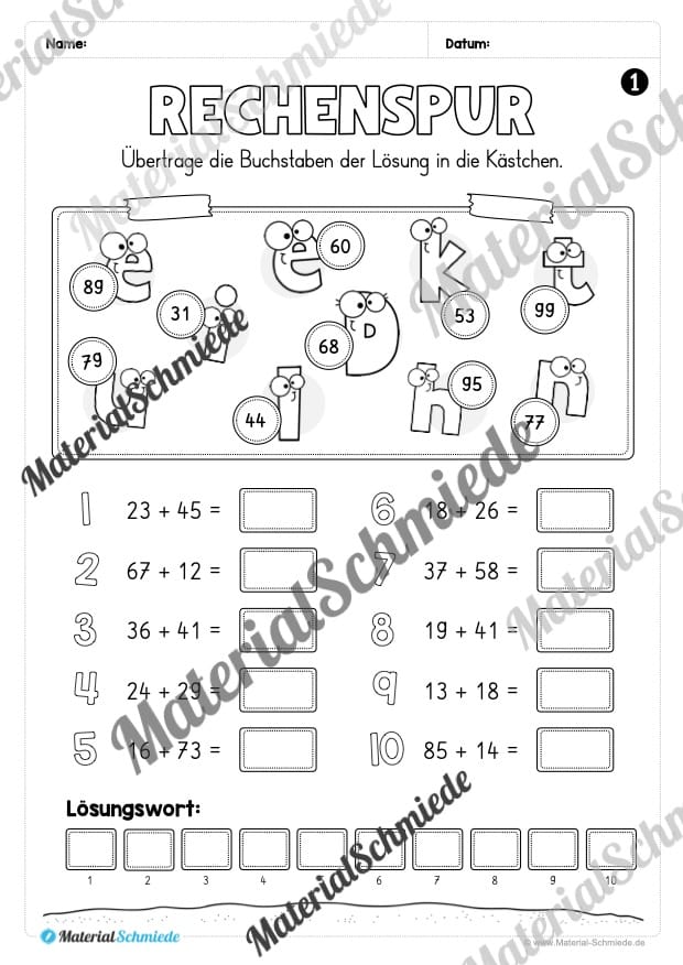 Arbeitsheft Rechenspuren im Zahlenraum 100 (Arbeitsblatt 01)
