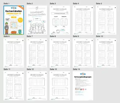 Rechentabellen im Zahlenraum 10 (12 Arbeitsblätter) - Überblick