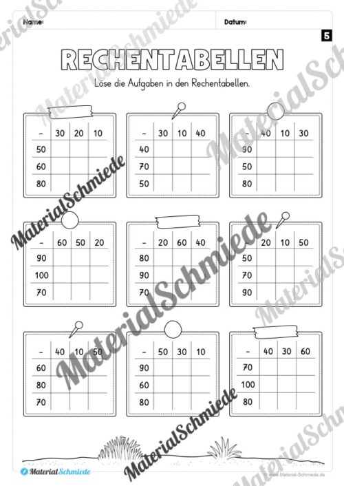 Rechentabellen im Zahlenraum 100 (12 Arbeitsblätter) - Arbeitsblatt 07