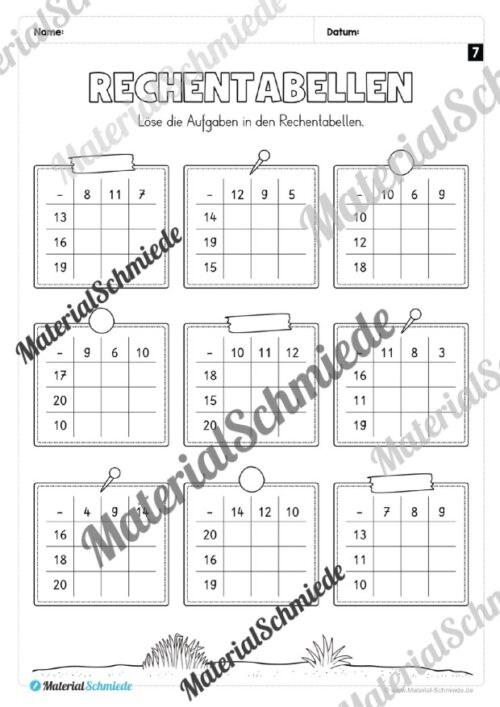 Rechentabellen im Zahlenraum 20 (12 Arbeitsblätter) - Arbeitsblatt 09