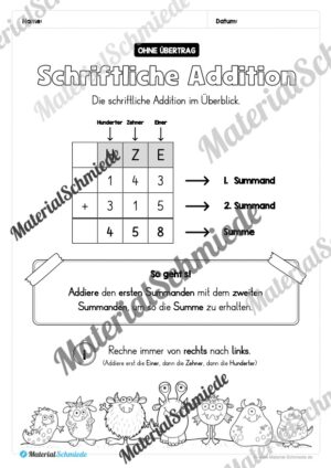 Schriftliche Addition – ZR 1.000 (ohne Übertrag) – Vorschau 02