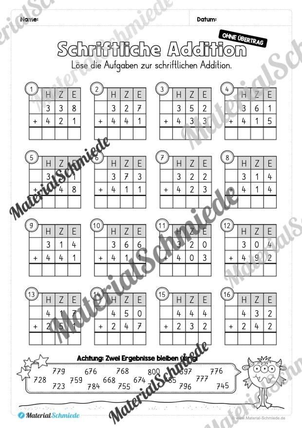 Schriftliche Addition – ZR 1.000 (ohne Übertrag) – Vorschau 07