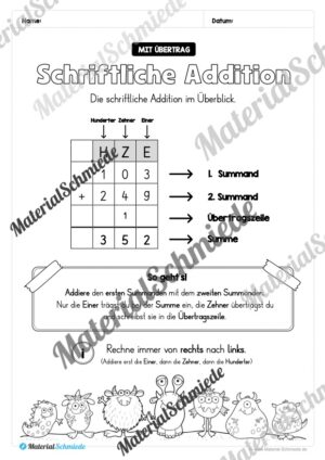 Schriftliche Addition – ZR 1.000 (mit Übertrag) – Vorschau 01