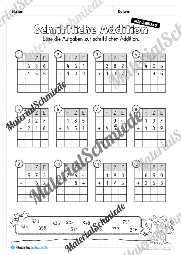 Schriftliche Addition – ZR 1.000 (mit Übertrag) – Vorschau 08