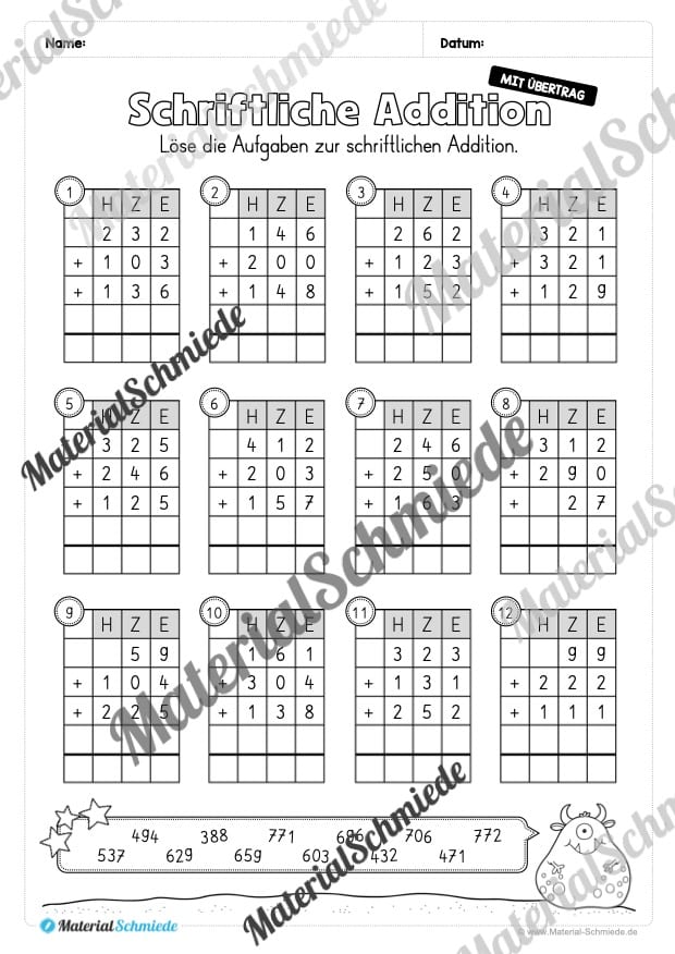 Schriftliche Addition – ZR 1.000 (mit Übertrag) – Vorschau 09
